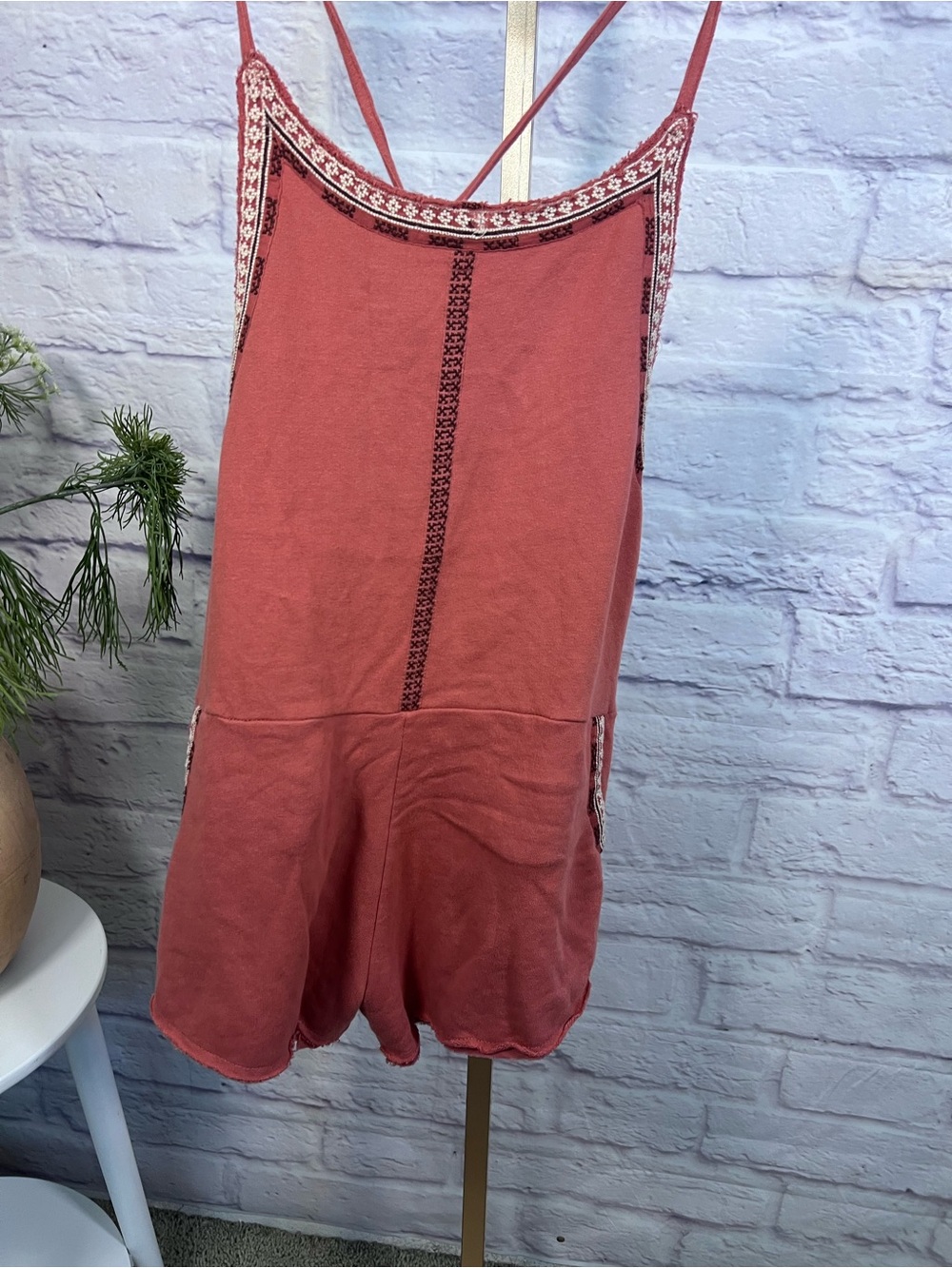 Free People One Pink Embroidered Tie-Back Romper Size L
